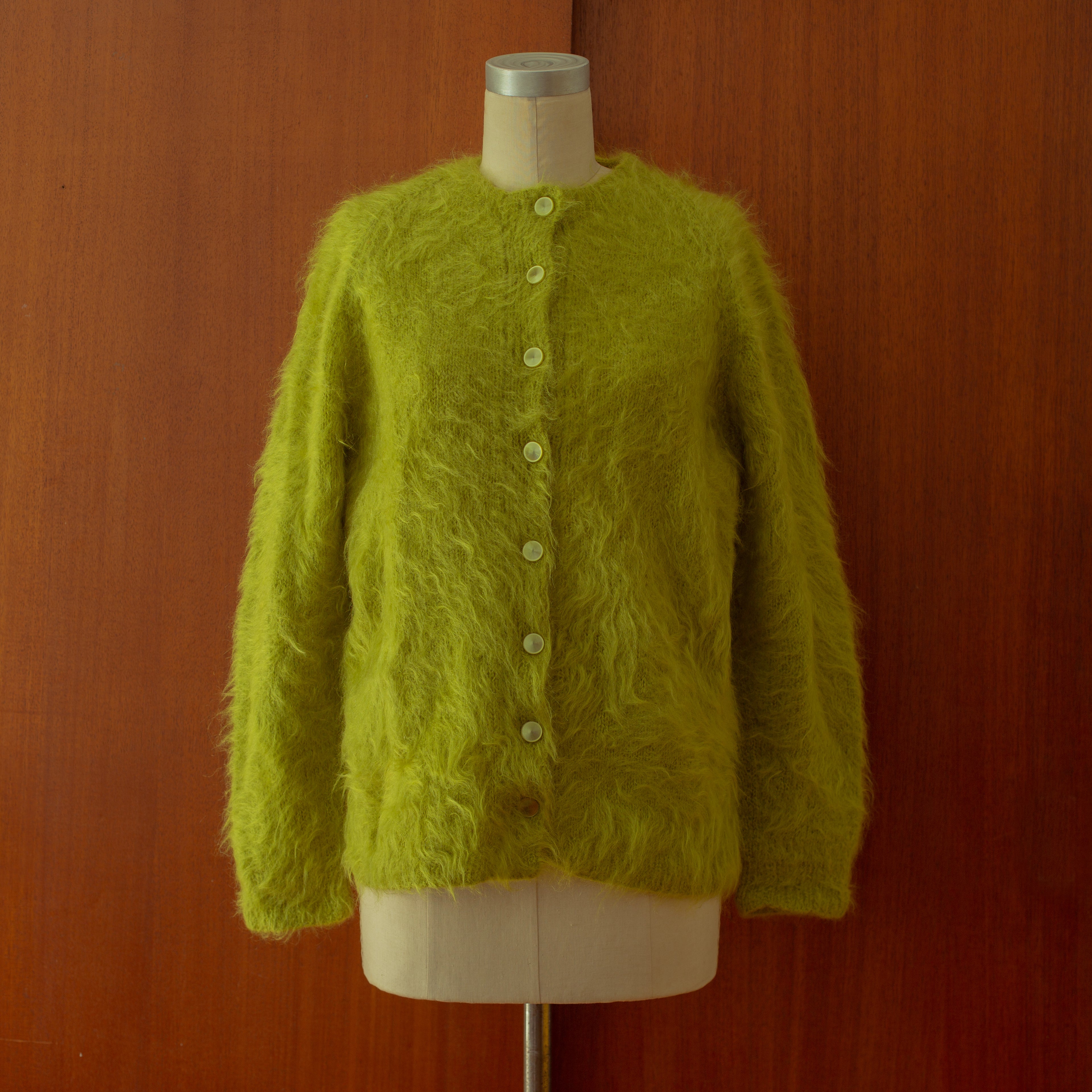Vintage 1960s Hand Knit Shaggy Green Mohair Cardigan