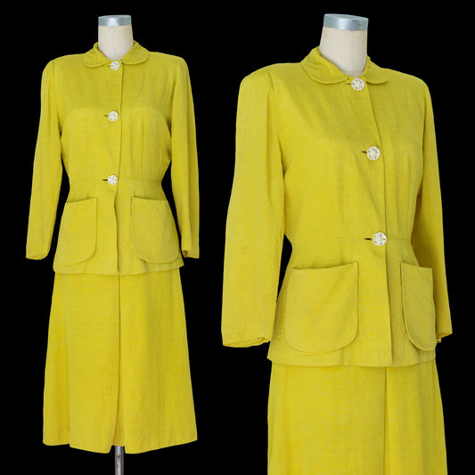 Vintage 1940s Chartreuse Green Silk Suit