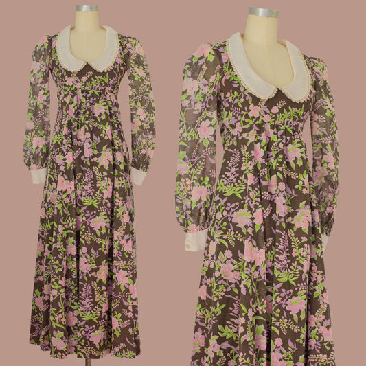 Vintage 1970s Floral Gauze Maxi Dress with Oversized Collar