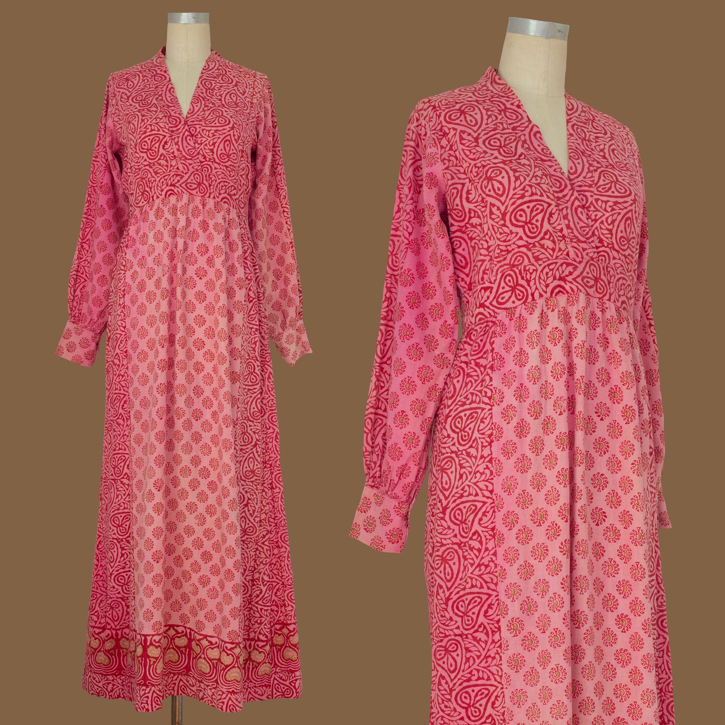 Vintage 1960s Pink Indian Cotton Block Print Dress
