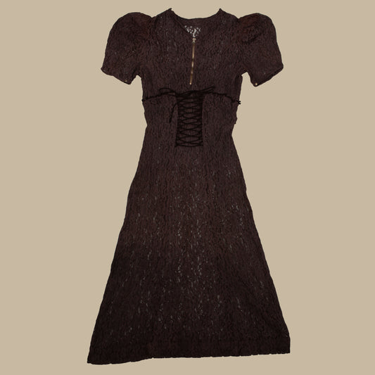 Reworked Vintage 1930s Corset Zipper Brown Lace Dress