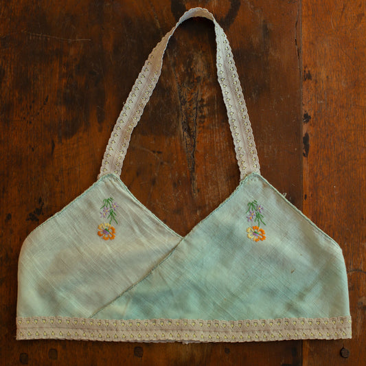 Reworked 1940s Blue Embroidered Handkerchief Halter Bra Top