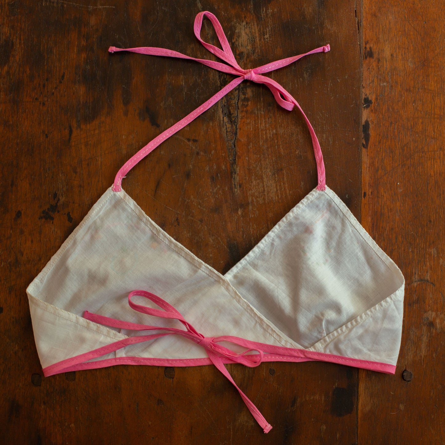 Reworked 1960s Pink Embroidered Handkerchief Halter Bra Top