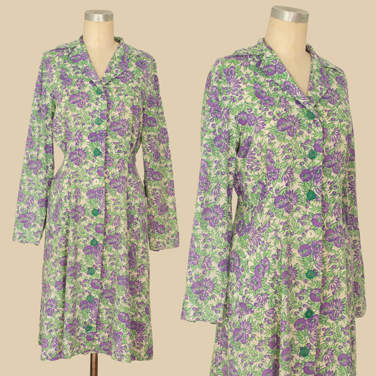 Vintage 1930s 1940s Purple + Green Floral Cotton Day Dress