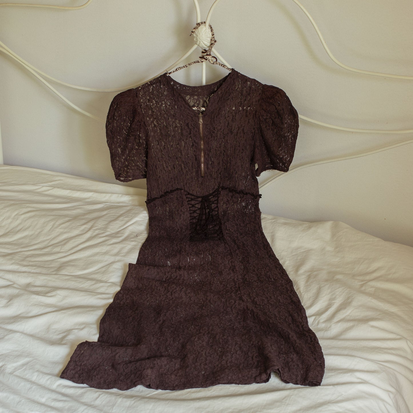 Reworked Vintage 1930s Corset Zipper Brown Lace Dress