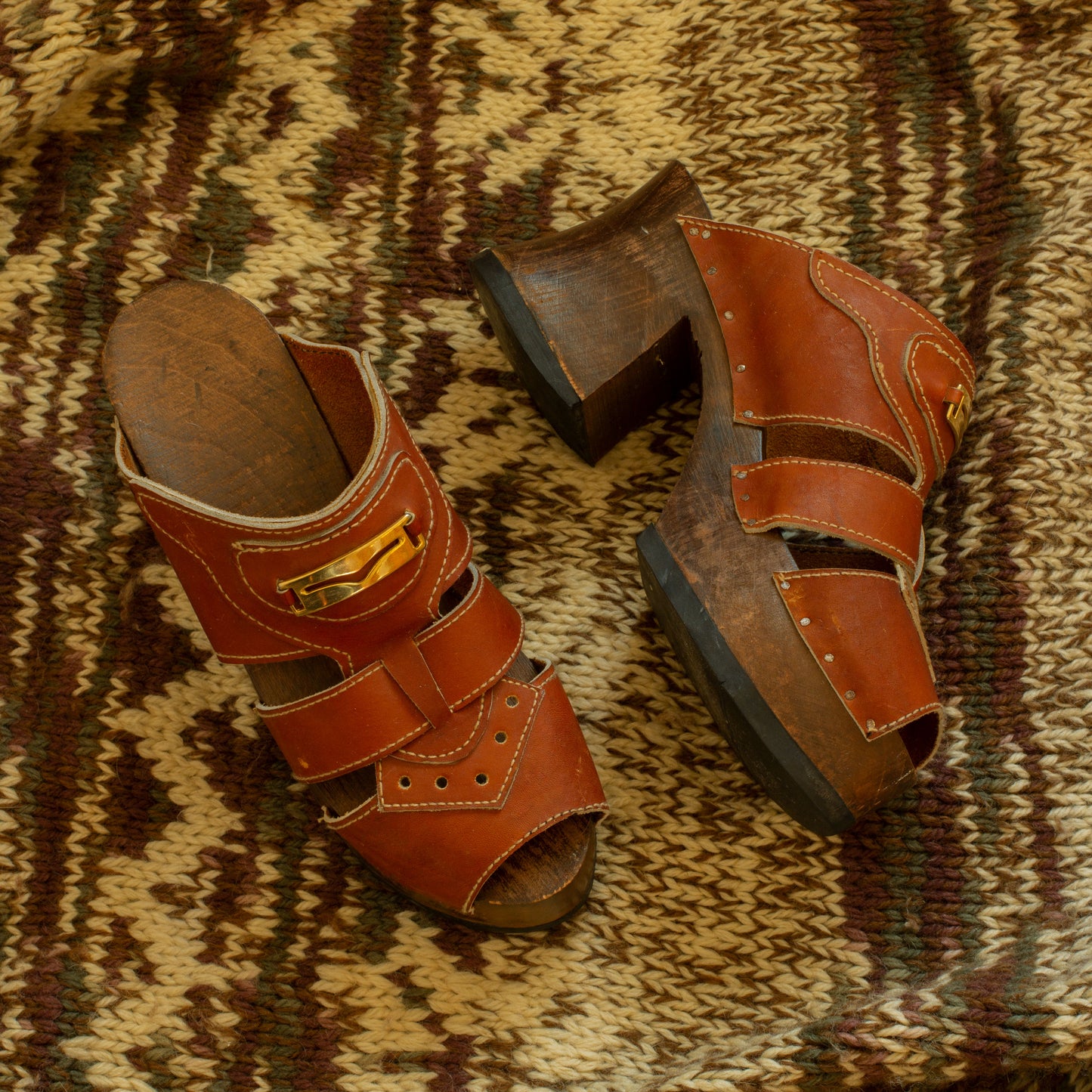 Vintage 1970s Leather + Wood Platform Sandals