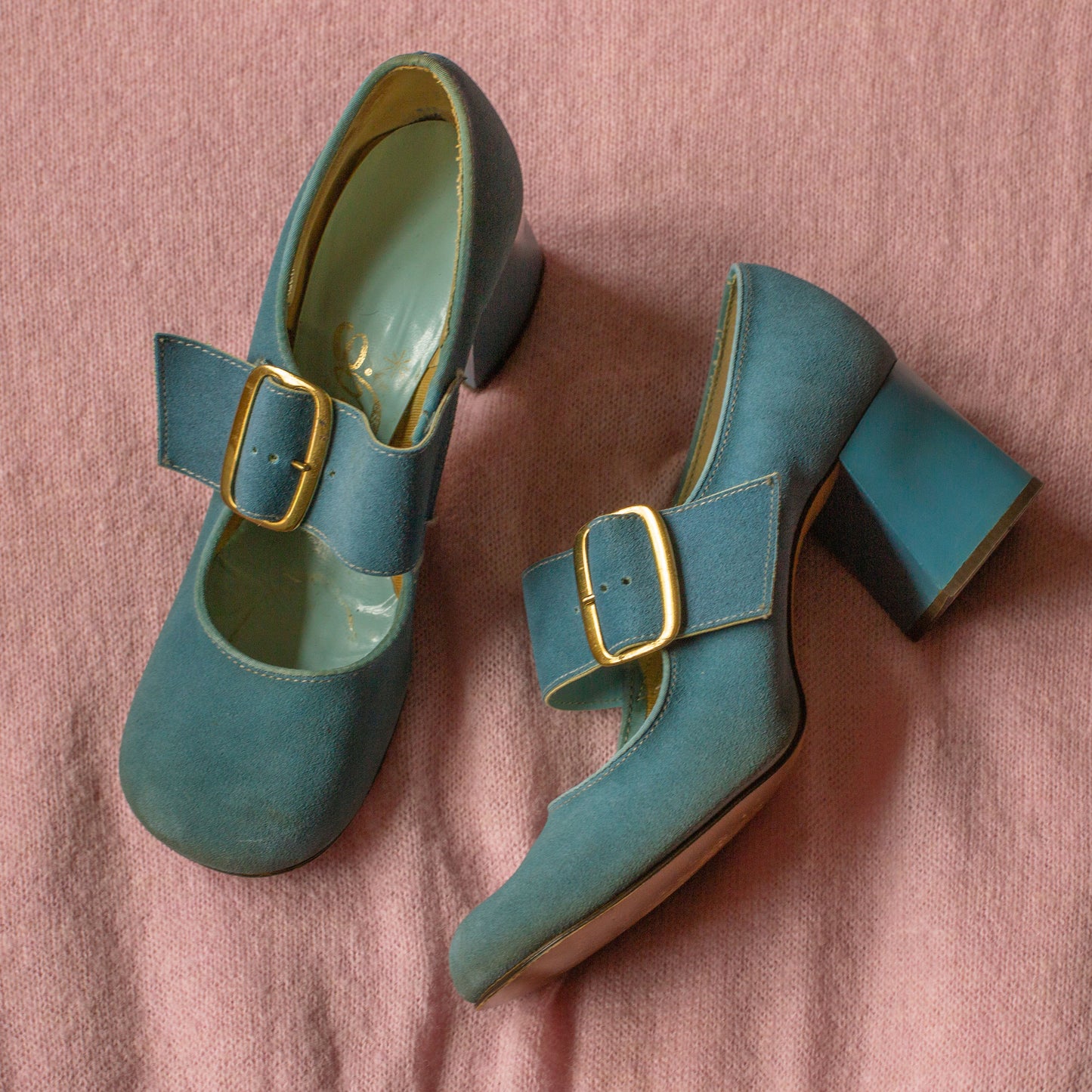 Vintage 1960s Pink + Blue Mod Buckle Shoes