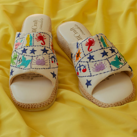 Vintage 1960s Embroidered Astrology Zodiac Slippers
