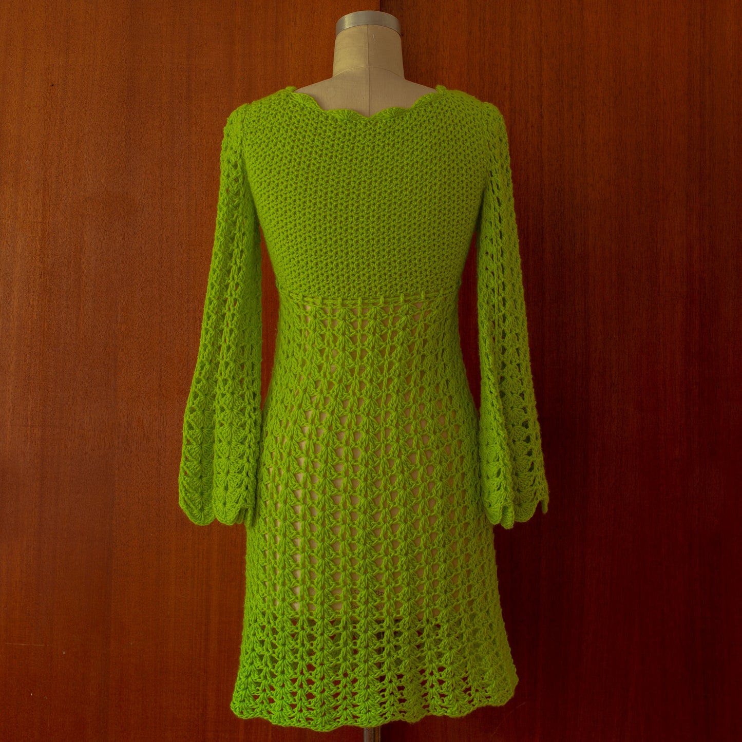 Vintage 1960s Bell Sleeve Green Crochet Mini Dress