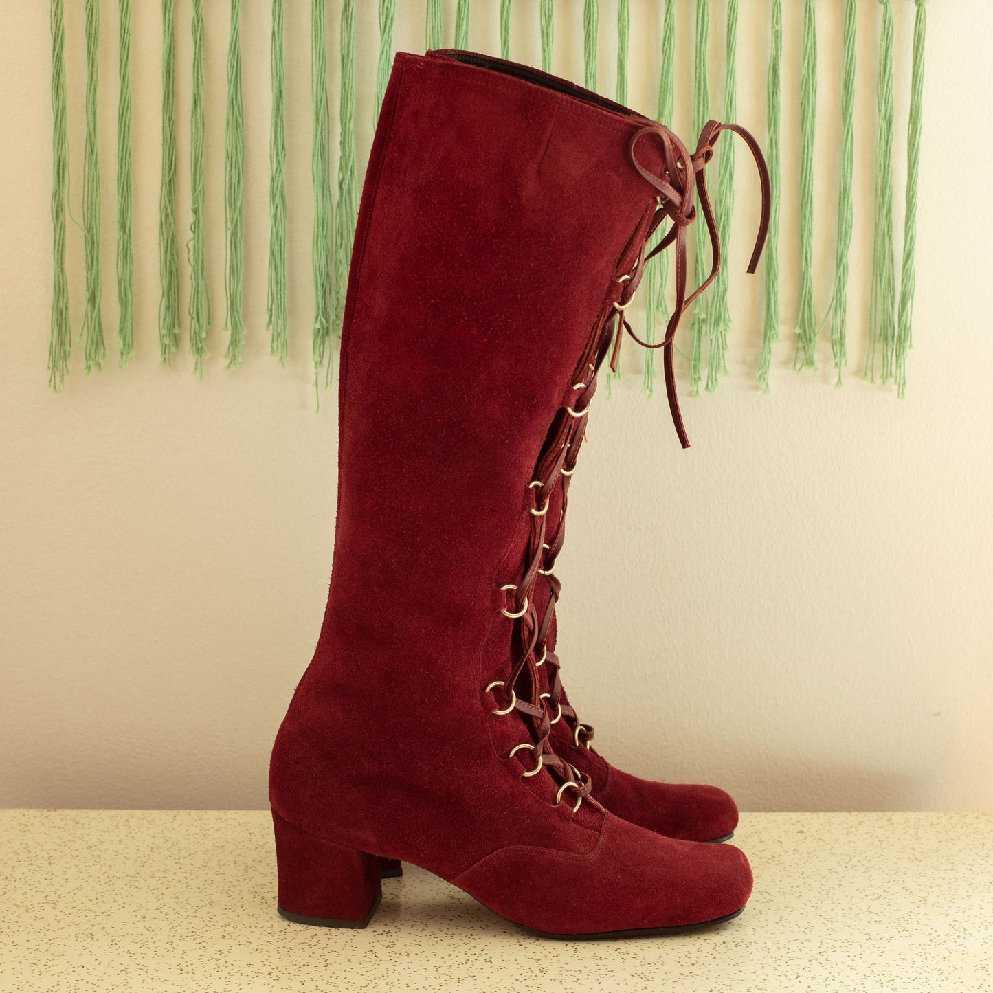 Vintage 1960s Red Suede Lace Up Gogo Boots