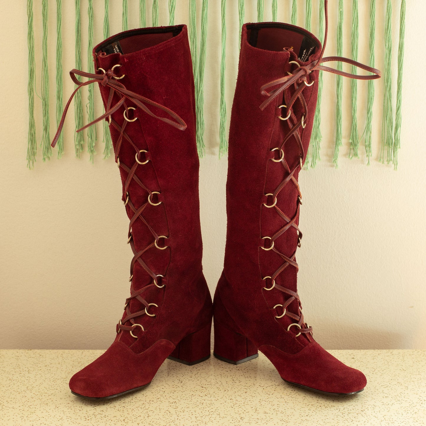 Vintage 1960s Red Suede Lace Up Gogo Boots