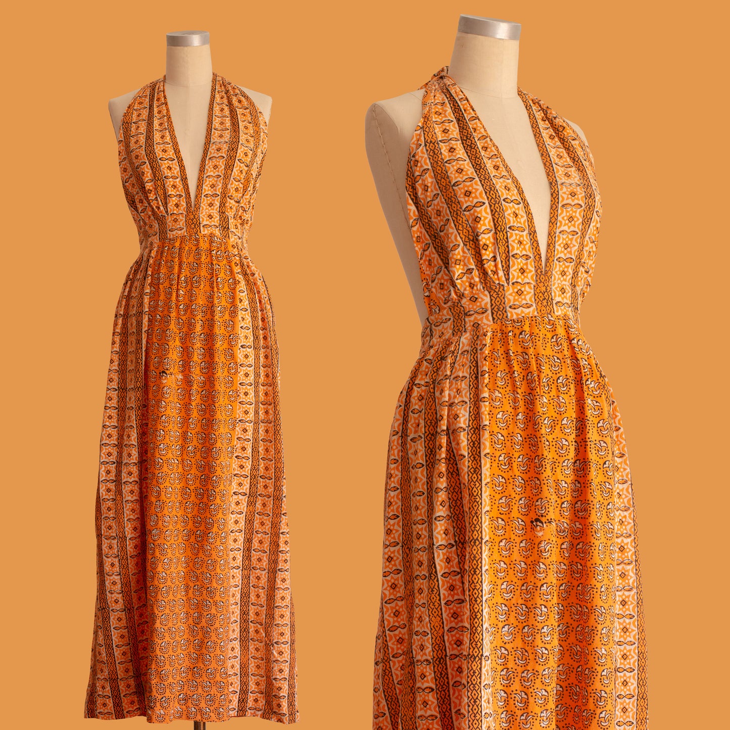 Vintage 1970s Orange + Blue Indian Cotton Halter Maxi Dress