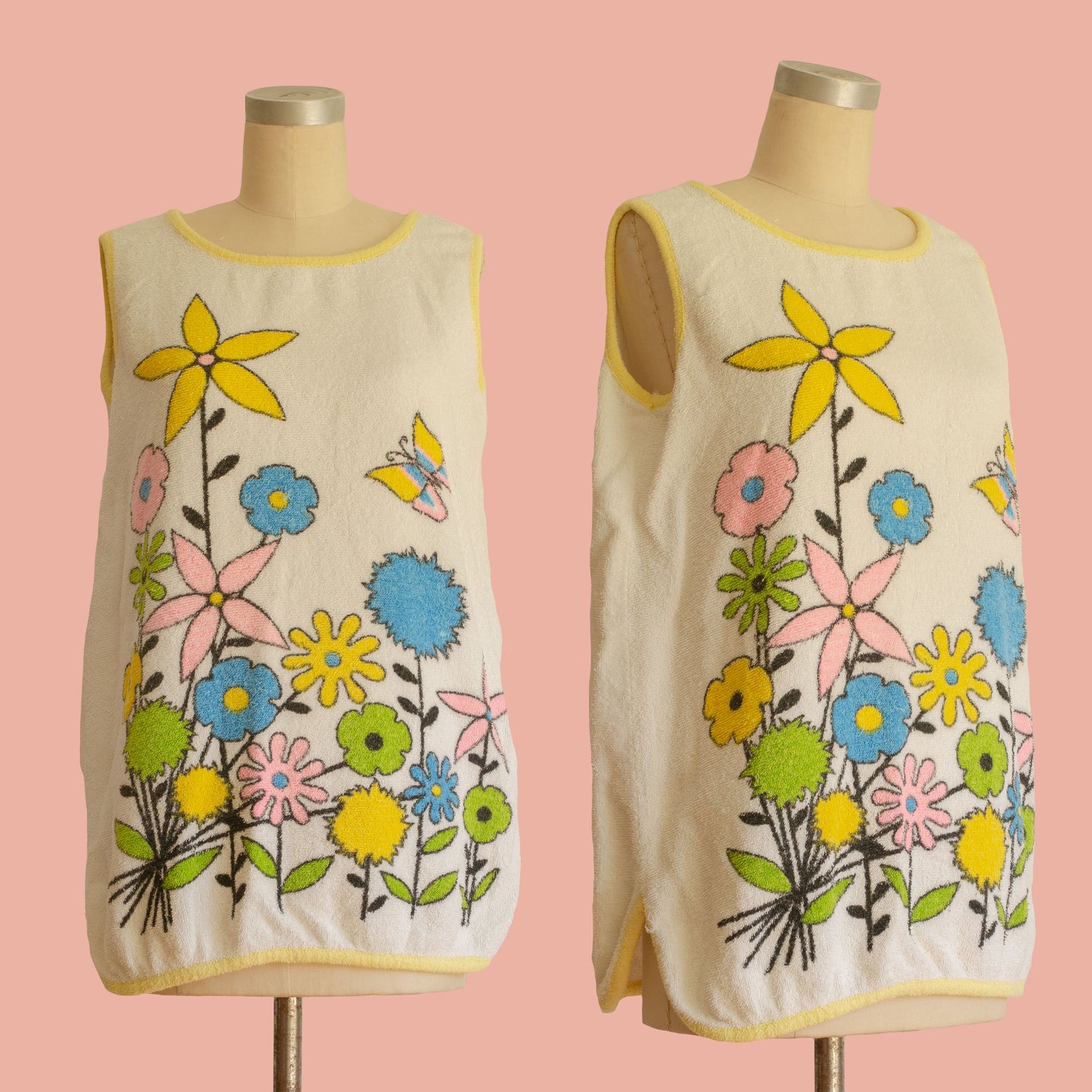 Vintage 1960s Floral Print Terry Cloth Mini Dress