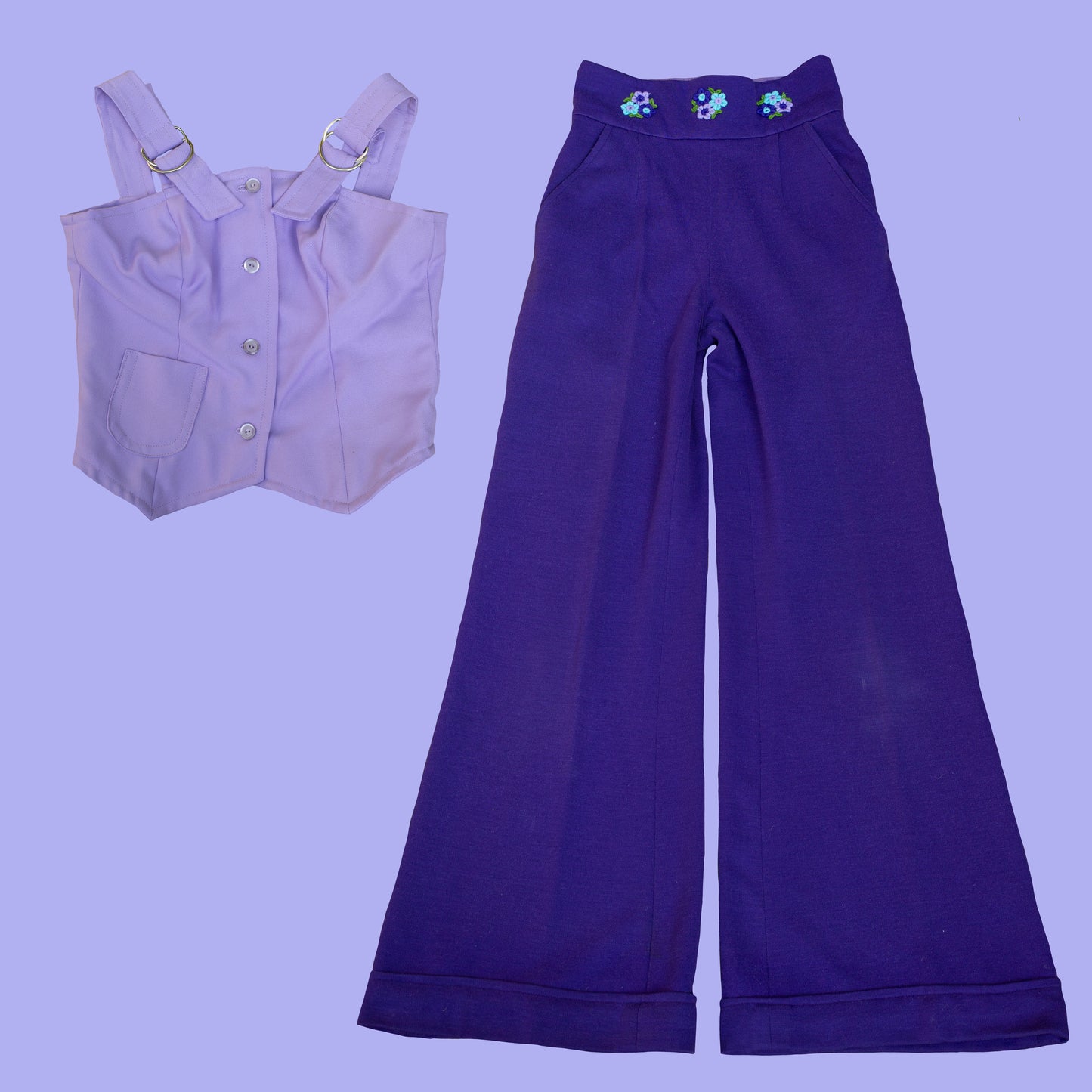 Vintage 1970s Purple Bellbottom Pants + Crop Top Set