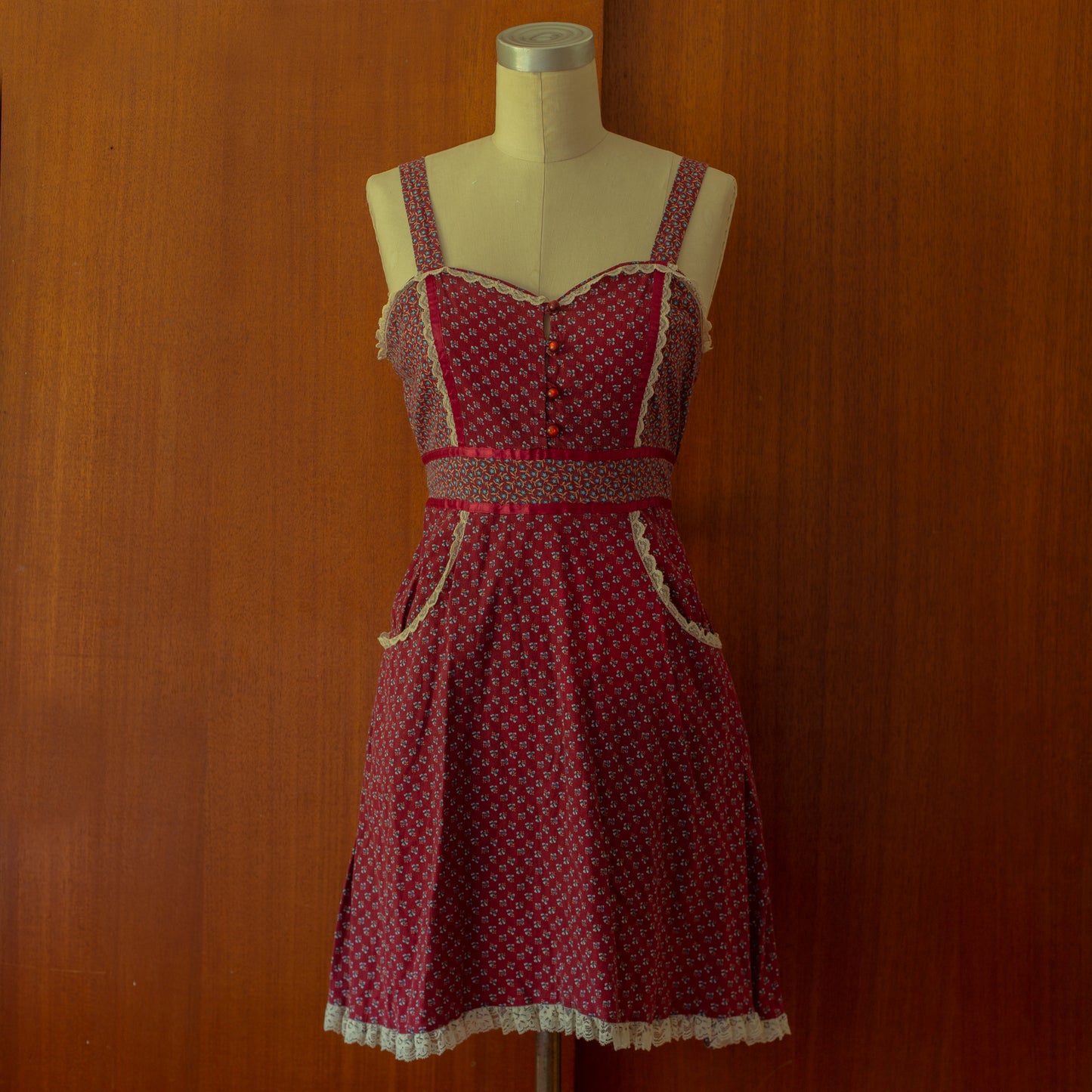 Vintage 1970s Red Calico Cotton Prairie Mini Dress