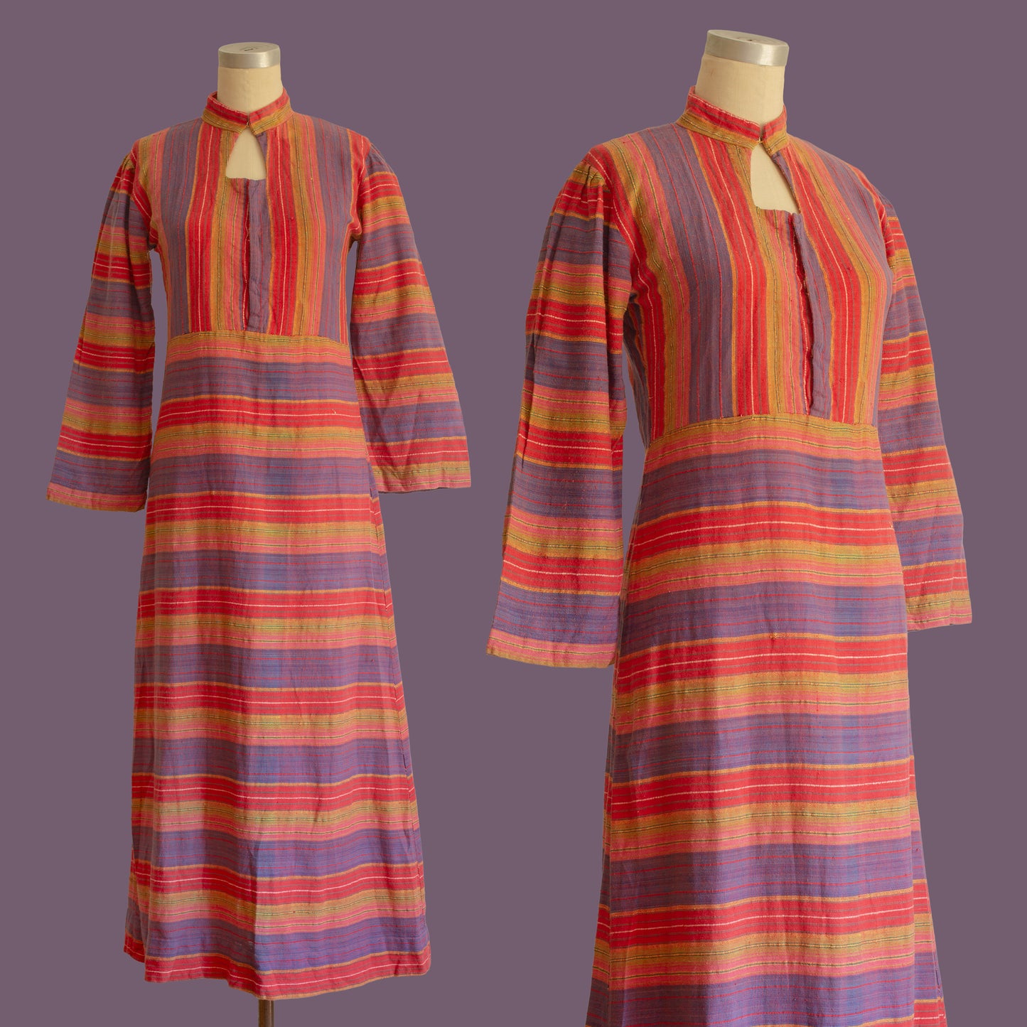 Vintage 1960s Rainbow Striped Indian Cotton Dress