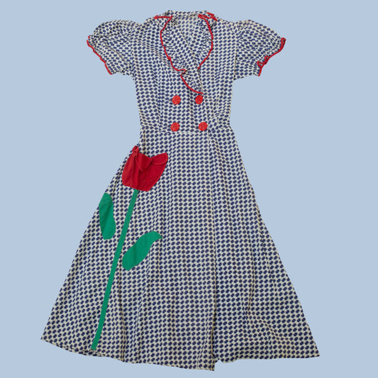Vintage 1930s Cotton Floral Pocket Appliqué Wrap Dress