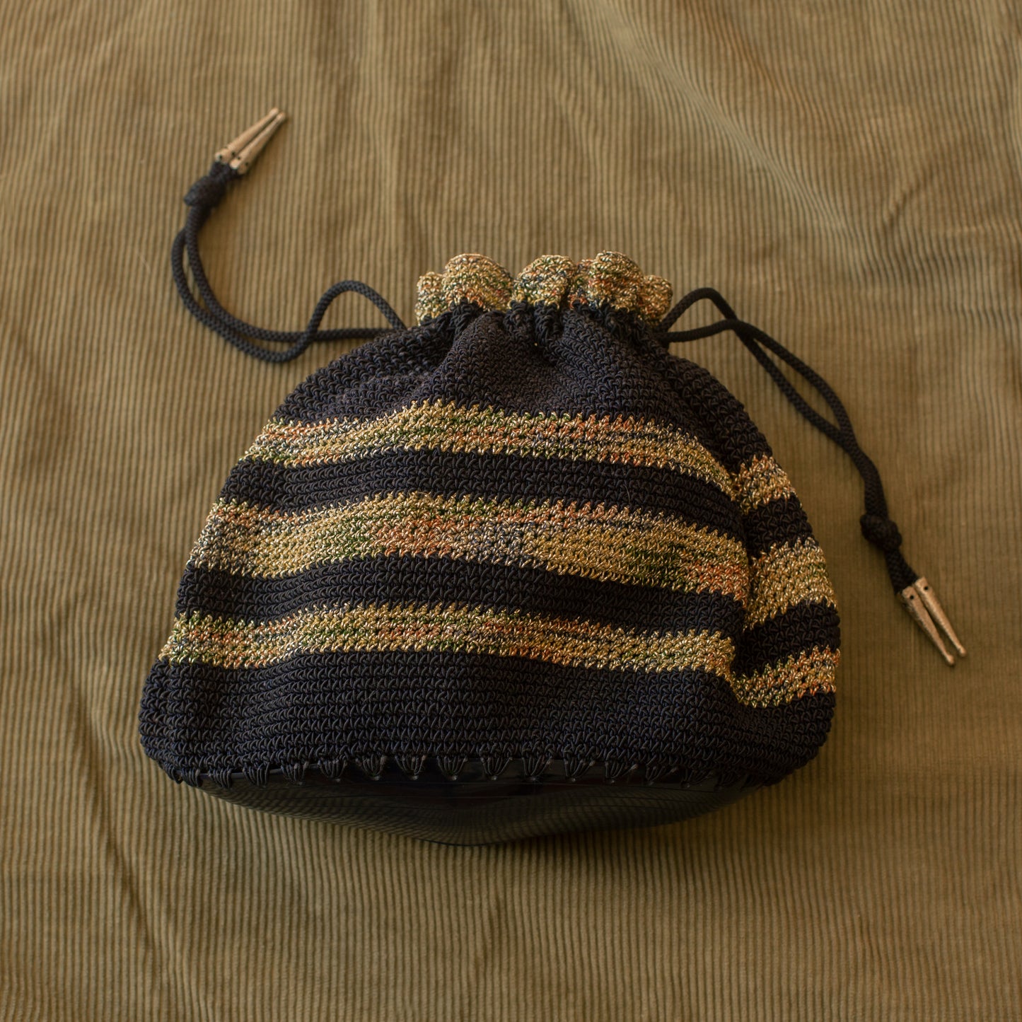 Vintage 1940s Crochet Blue Striped Lurex Drawstring Purse
