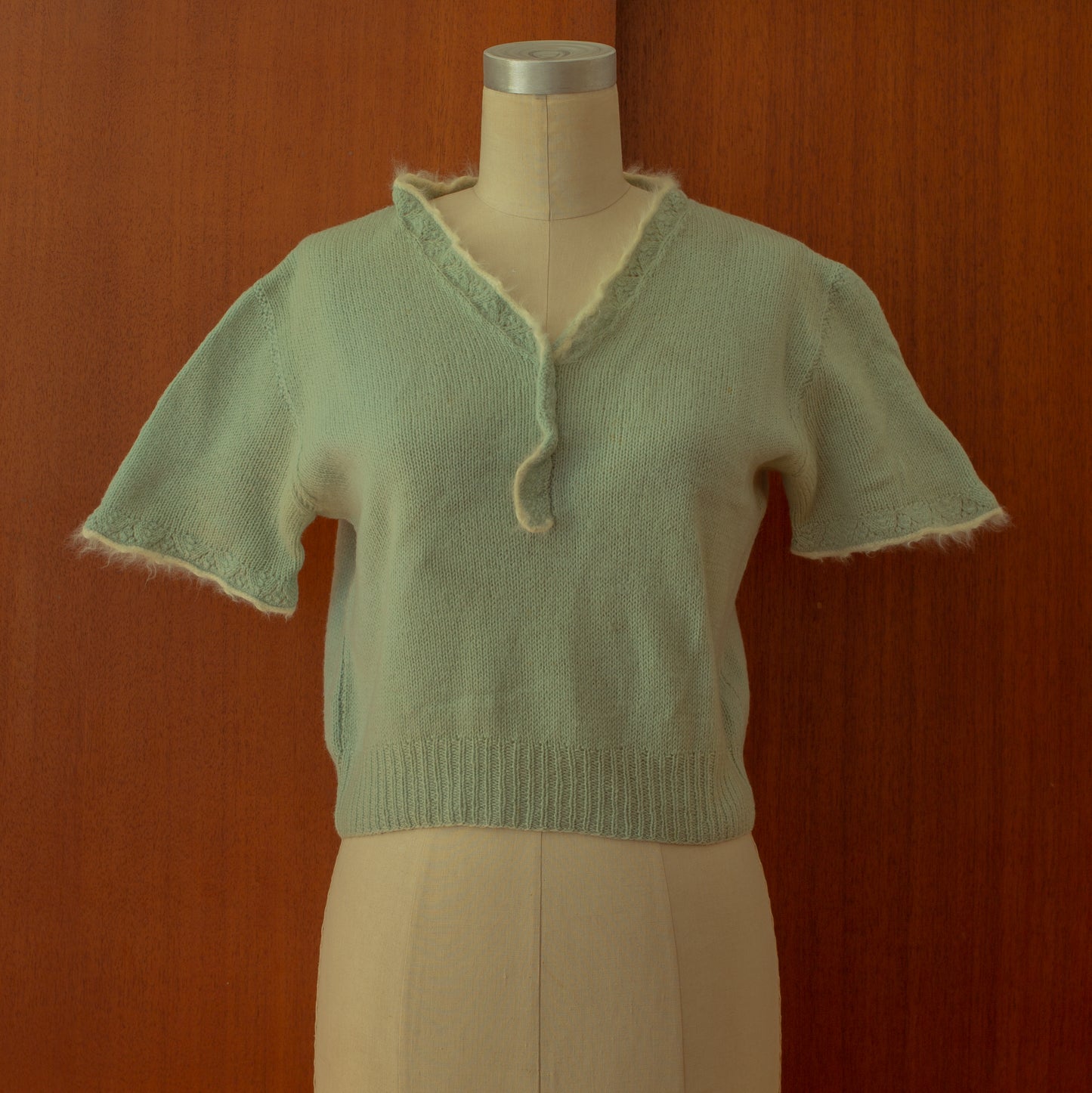 Vintage 1930s 1940s Hand Knit Blue Angora Trimmed Sweater