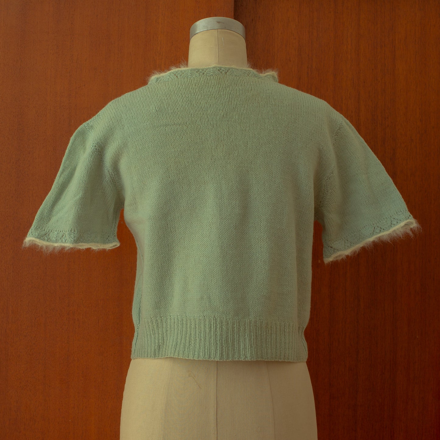 Vintage 1930s 1940s Hand Knit Blue Angora Trimmed Sweater