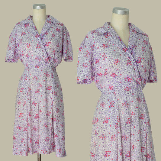 Vintage 1940s Purple Floral Cotton Day Dress