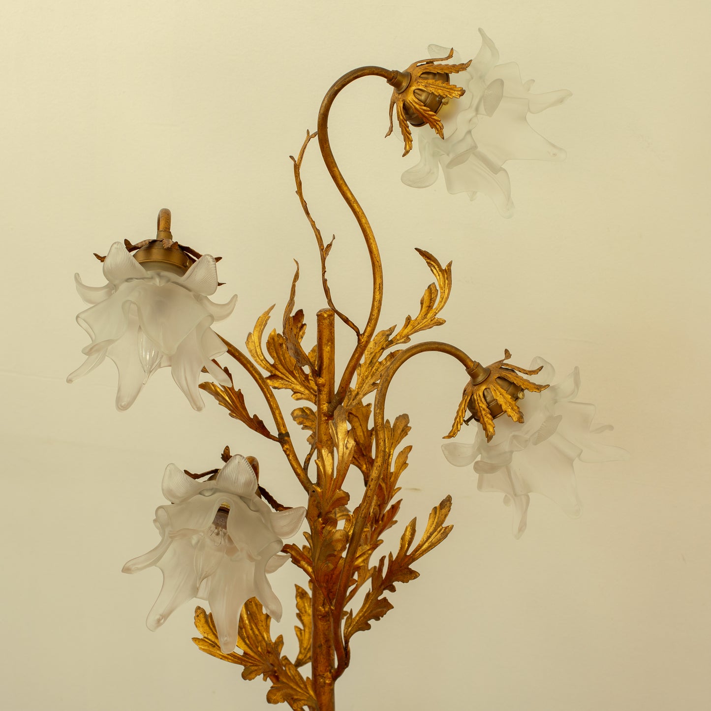 Vintage 1940s Italian Tole Flower Pot Standing Lamp Guilt + Blown Glass Shades