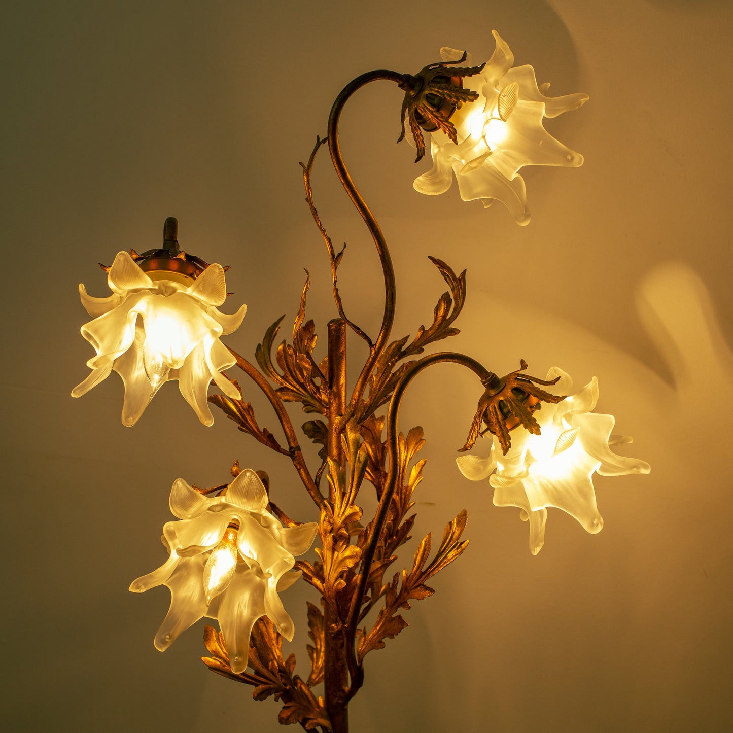 Vintage 1940s Italian Tole Flower Pot Standing Lamp Guilt + Blown Glass Shades